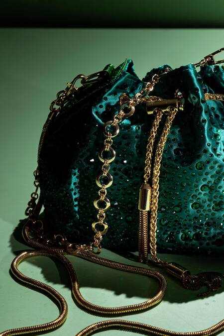 House Of Bio_Green Embellished Sakura Crystal Potli_Online_at_Aza_Fashions