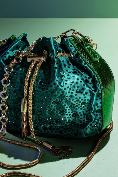 Buy_House Of Bio_Green Embellished Sakura Crystal Potli_Online_at_Aza_Fashions