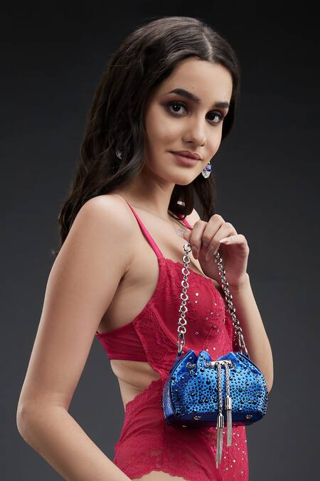 Buy House Of Bio Blue Embellished Sakura Crystal Studded Potli Online at Aza Fashions Buy_House Of Bio_Blue Embellished Sakura Crystal Studded Potli _Online_at_Aza_Fashions