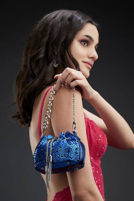 Shop House Of Bio Blue Embellished Sakura Crystal Studded Potli Online at Aza Fashions Shop_House Of Bio_Blue Embellished Sakura Crystal Studded Potli _Online_at_Aza_Fashions