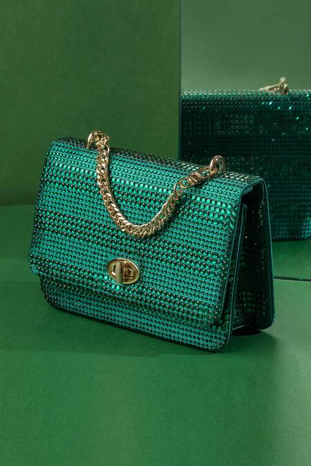 House Of Bio_Emerald Green Crystals, Pearls Grace Stone Embellished Clutch _Online_at_Aza_Fashions