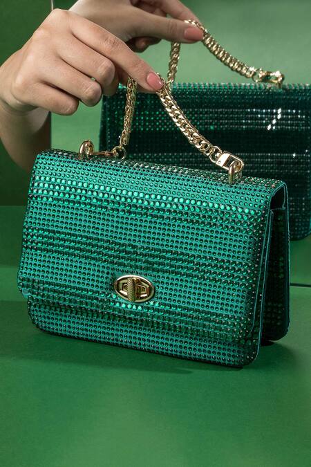 Buy_House Of Bio_Emerald Green Crystals, Pearls Grace Stone Embellished Clutch _Online_at_Aza_Fashions