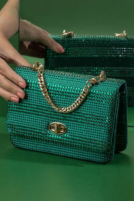 Shop_House Of Bio_Emerald Green Crystals, Pearls Grace Stone Embellished Clutch _Online_at_Aza_Fashions