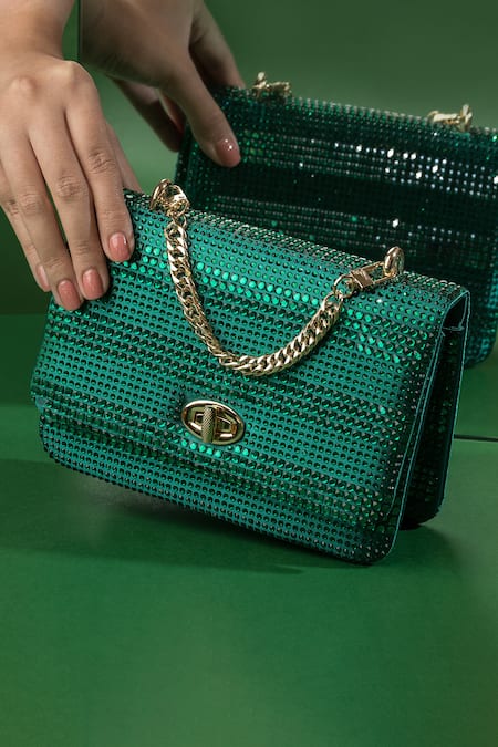 House Of Bio_Emerald Green Crystals, Pearls Grace Stone Embellished Clutch _at_Aza_Fashions