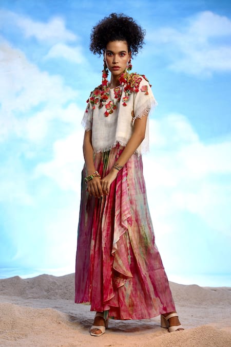 Buy_Capisvirleo_Pink Silk Natalie Tie Dye Pleated Skirt _Online_at_Aza_Fashions