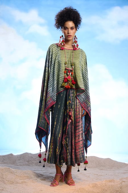 CAPISVIRLEO_Green Cotton, Silk Tassels Shikoba Tie Dye Cape And Skirt Set _Online_at_Aza_Fashions