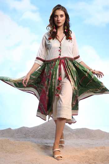 Buy_CAPISVIRLEO_Green Cotton V-neck Bebinn Tie-dye Print Tunic And Short Pant Set _Online_at_Aza_Fashions