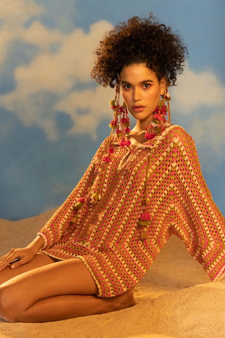 Shop_Capisvirleo_Multi Color Cotton Beads V-neck Caimito Thread Boho Top _at_Aza_Fashions