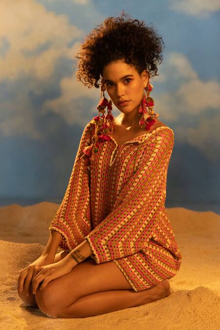 Capisvirleo_Multi Color Cotton Beads V-neck Caimito Thread Boho Top _Online_at_Aza_Fashions