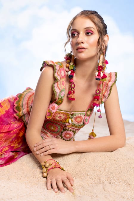 Shop Capisvirleo Pink Cotton Tassels, Embroidery Square Neck Camilla Thread Crop Top Online at Aza Fashions Shop_Capisvirleo_Pink Cotton Tassels, Embroidery Square Neck Camilla Thread Crop Top _Online_at_Aza_Fashions