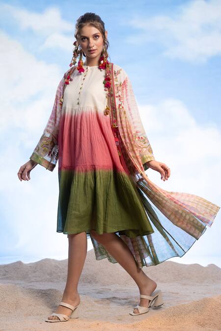 CAPISVIRLEO_Ivory Cotton Embroidery, Charlotte Gathered Dress With Printed Cover-up Jacket _Online_at_Aza_Fashions