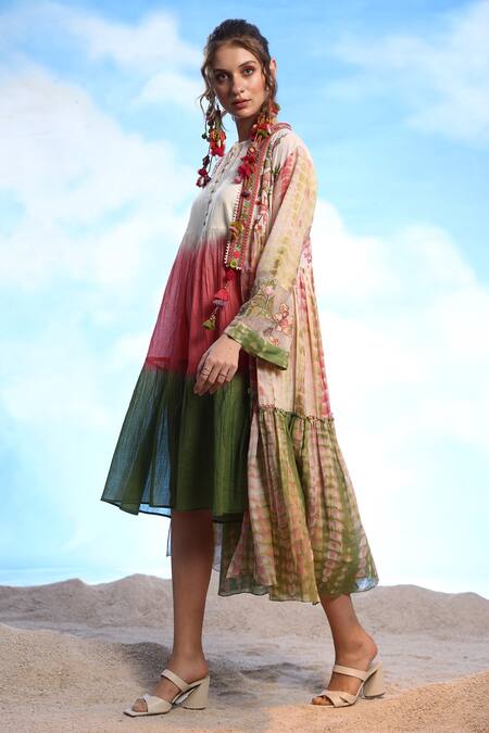 Buy_CAPISVIRLEO_Ivory Cotton Embroidery, Charlotte Gathered Dress With Printed Cover-up Jacket _Online_at_Aza_Fashions