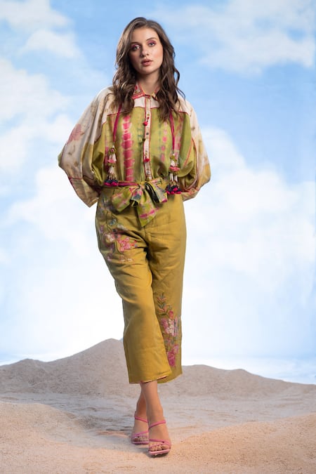 Buy_CAPISVIRLEO_Green Cotton Embroidery Collared Elina Tie-dye Print Boho Shirt _Online_at_Aza_Fashions