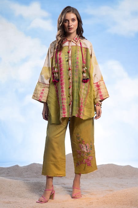 Shop_CAPISVIRLEO_Green Cotton Embroidery Collared Elina Tie-dye Print Boho Shirt _Online_at_Aza_Fashions