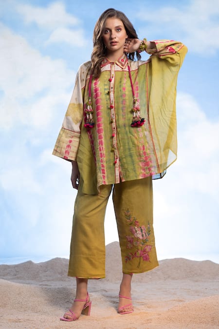 CAPISVIRLEO_Green Cotton Embroidery Collared Elina Tie-dye Print Boho Shirt _at_Aza_Fashions