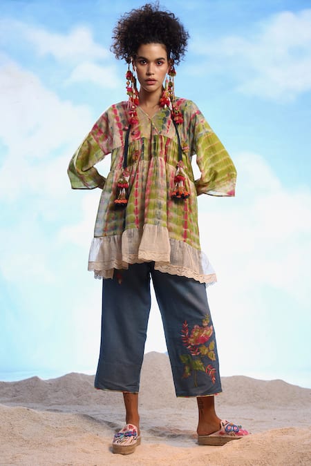 Shop_CAPISVIRLEO_Cream Cotton, Jersey Lace V-neck Franze Tie-dye Print Flared Top _Online_at_Aza_Fashions