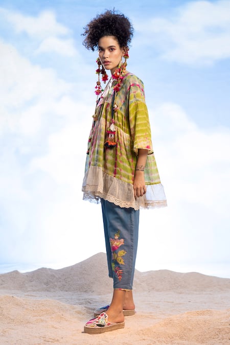 CAPISVIRLEO_Cream Cotton, Jersey Lace V-neck Franze Tie-dye Print Flared Top _at_Aza_Fashions