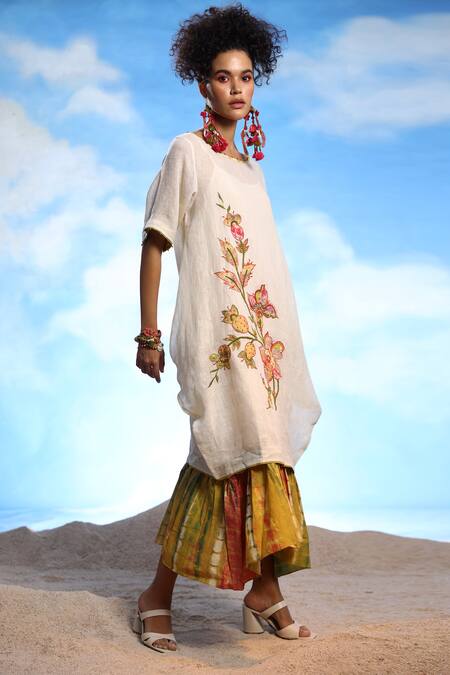 Shop_CAPISVIRLEO_Ivory Linen, Cotton Embroidery Round Godiva Boho Tunic Dress With Printed Inner _Online_at_Aza_Fashions
