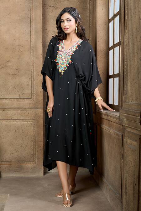Aariyana Couture Black Cotton, Silk, Taffeta Tassels V-neck Geometric Embroidered Yoke Kaftan Online at Aza Fashions Aariyana Couture_Black Cotton, Silk, Taffeta Tassels V-neck Geometric Embroidered Yoke Kaftan_Online_at_Aza_Fashions