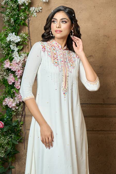 Buy_Aariyana Couture_Ivory Cotton, Silk Beads, Sequins Mandarin Collar Yoke Embroidered Draped Tunic_Online_at_Aza_Fashions