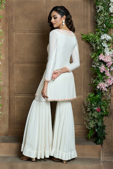 Shop Aariyana Couture Ivory Cotton, Silk, Chiffon Embroidery, Lace Round Neck Kurta Sharara Set at Aza Fashions Shop_Aariyana Couture_Ivory Cotton, Silk, Chiffon Embroidery, Lace Round Neck Kurta Sharara Set_at_Aza_Fashions