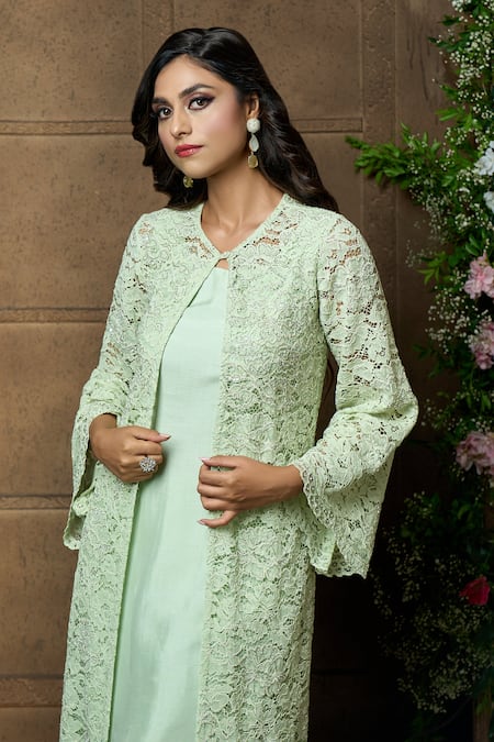 Shop_Aariyana Couture_Green Silk, Bamboo, Net Lace, Embroidery Floral Work Jacket Flared Pant Set_Online_at_Aza_Fashions