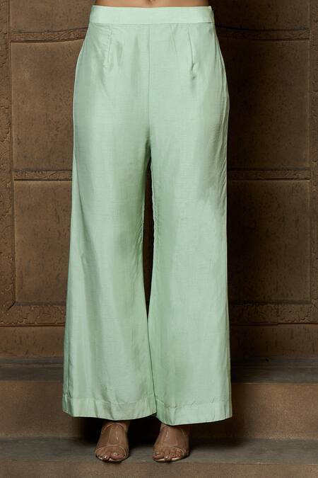 Shop_Aariyana Couture_Green Silk, Bamboo, Net Lace, Embroidery Floral Work Jacket Flared Pant Set