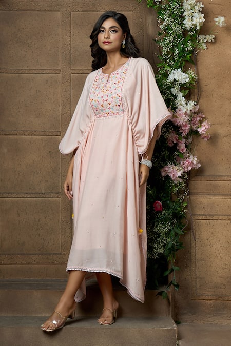 Buy Aariyana Couture Peach Cotton, Silk, Modal, Satin Tassels Round Neck Hand Embroidered Yoke Kaftan Buy_Aariyana Couture_Peach Cotton, Silk, Modal, Satin Tassels Round Neck Hand Embroidered Yoke Kaftan