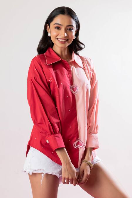 House Of Dreams_Pink Cotton Sequins Collared Heart Placement Embroidered Shirt_Online_at_Aza_Fashions