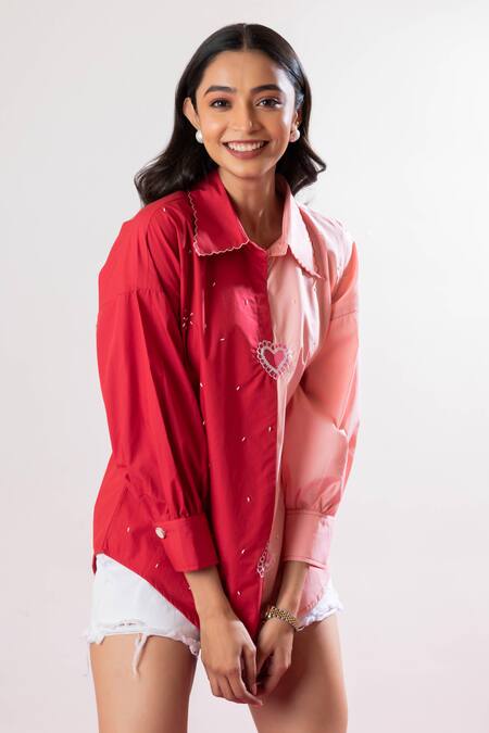 Buy_House Of Dreams_Pink Cotton Sequins Collared Heart Placement Embroidered Shirt_Online_at_Aza_Fashions
