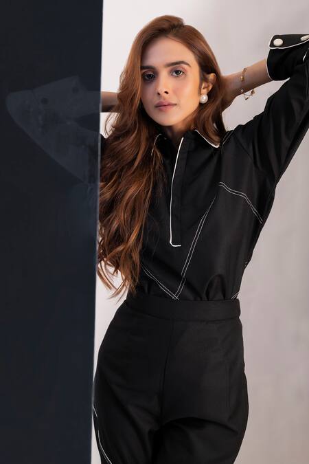 Buy_House Of Dreams_Black Viscose Embroidery Collared Our Boss Lady Shirt And Pant Set_Online_at_Aza_Fashions