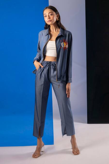 House Of Dreams Blue Cotton, Denim Embroidery Change Is The Only Constant Jacket And Pant Set Online at Aza Fashions House Of Dreams_Blue Cotton, Denim Embroidery Change Is The Only Constant Jacket And Pant Set_Online_at_Aza_Fashions