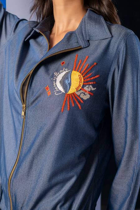 House Of Dreams Blue Cotton, Denim Embroidery Change Is The Only Constant Jacket And Pant Set at Aza Fashions House Of Dreams_Blue Cotton, Denim Embroidery Change Is The Only Constant Jacket And Pant Set_at_Aza_Fashions