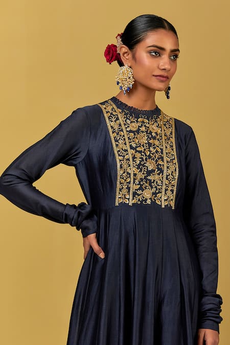 Buy_Ikshita Choudhary_Blue , Silk Embroidery, Zari, Sequins Hand Yoke Anarkali Set _Online_at_Aza_Fashions
