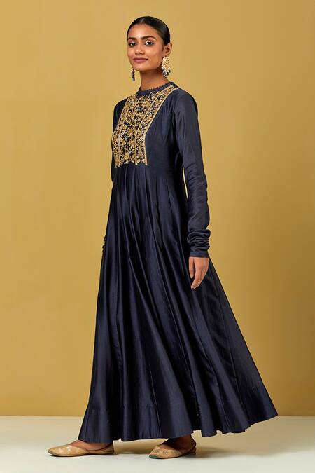 Shop_Ikshita Choudhary_Blue , Silk Embroidery, Zari, Sequins Hand Yoke Anarkali Set _Online_at_Aza_Fashions