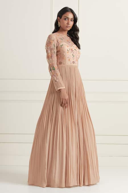 Shop Ikshita Choudhary Peach Crepe, Organza Sequins, Cut Work, Beads, Hand Yoke Anarkali With Dupatta Online at Aza Fashions Shop_Ikshita Choudhary_Peach Crepe, Organza Sequins, Cut Work, Beads, Hand Yoke Anarkali With Dupatta _Online_at_Aza_Fashions