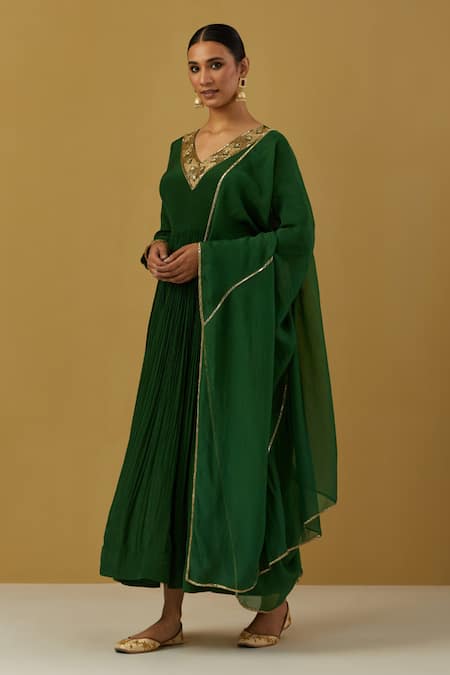 Buy Ikshita Choudhary Green Crepe, Tissue, Organza Placement Hand Embroidered Anarkali With Dupatta Online at Aza Fashions Buy_Ikshita Choudhary_Green Crepe, Tissue, Organza Placement Hand Embroidered Anarkali With Dupatta _Online_at_Aza_Fashions