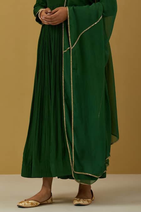 Ikshita Choudhary Green Crepe, Tissue, Organza Placement Hand Embroidered Anarkali With Dupatta at Aza Fashions Ikshita Choudhary_Green Crepe, Tissue, Organza Placement Hand Embroidered Anarkali With Dupatta _at_Aza_Fashions