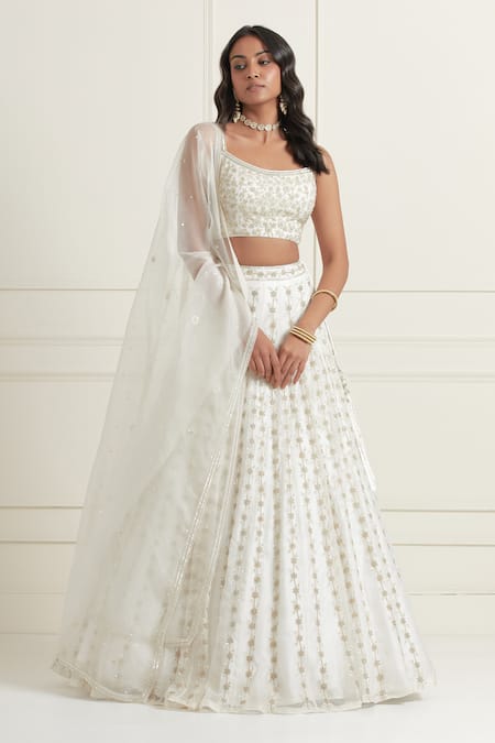 Ikshita Choudhary White Organza, Satin Sequins, Embroidery Scoop Neck Floral Hand Lehenga Set