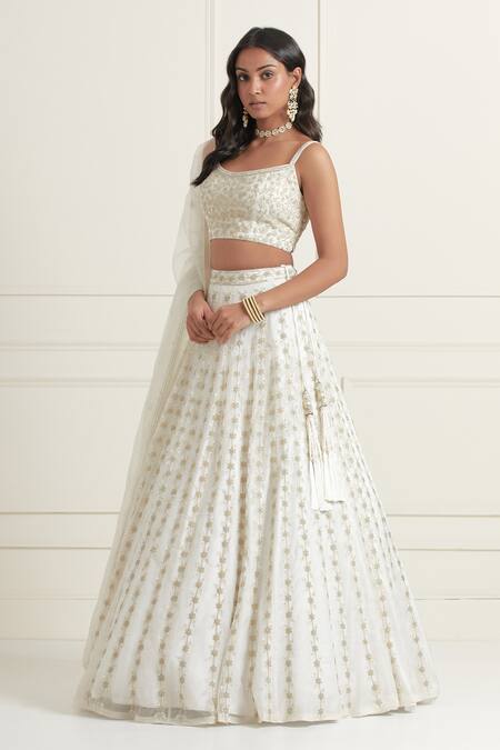 Buy_Ikshita Choudhary_White Organza, Satin Sequins, Embroidery Scoop Neck Floral Hand Lehenga Set _Online_at_Aza_Fashions