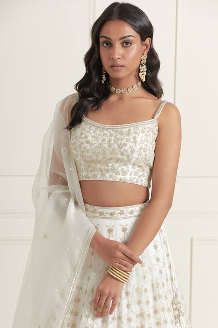 Shop_Ikshita Choudhary_White Organza, Satin Sequins, Embroidery Scoop Neck Floral Hand Lehenga Set _Online_at_Aza_Fashions