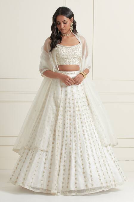 Ikshita Choudhary_White Organza, Satin Sequins, Embroidery Scoop Neck Floral Hand Lehenga Set _at_Aza_Fashions