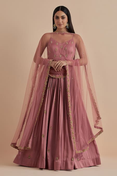 Ikshita Choudhary Pink Net, Brocade Cut Work, Sequins Leaf Embroidered Anarkali With Dupatta