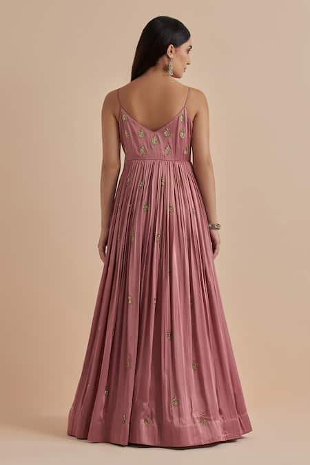 Shop Ikshita Choudhary Pink Net, Brocade Cut Work, Sequins Leaf Embroidered Anarkali With Dupatta at Aza Fashions Shop_Ikshita Choudhary_Pink Net, Brocade Cut Work, Sequins Leaf Embroidered Anarkali With Dupatta _at_Aza_Fashions