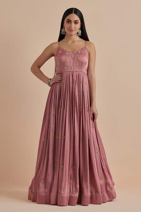 Ikshita Choudhary Pink Net, Brocade Cut Work, Sequins Leaf Embroidered Anarkali With Dupatta Online at Aza Fashions Ikshita Choudhary_Pink Net, Brocade Cut Work, Sequins Leaf Embroidered Anarkali With Dupatta _Online_at_Aza_Fashions