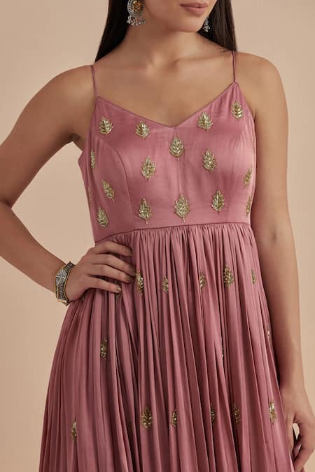 Shop Ikshita Choudhary Pink Net, Brocade Cut Work, Sequins Leaf Embroidered Anarkali With Dupatta Online at Aza Fashions Shop_Ikshita Choudhary_Pink Net, Brocade Cut Work, Sequins Leaf Embroidered Anarkali With Dupatta _Online_at_Aza_Fashions