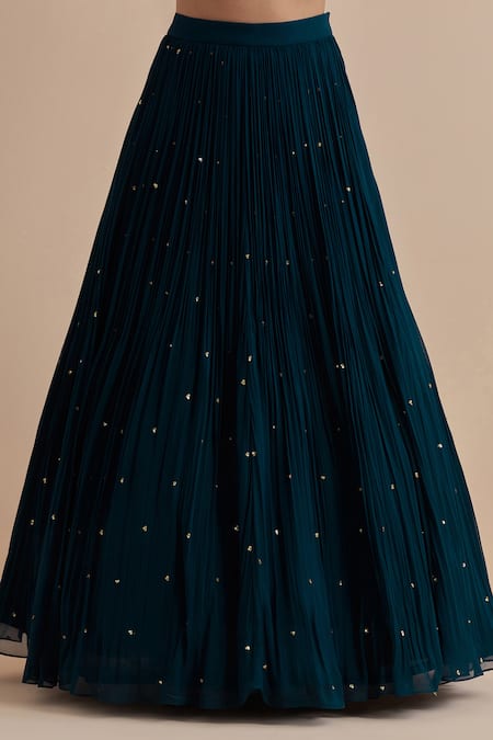 Ikshita Choudhary_Blue Net, Georgette Sequins, Zari Floral And Paisley Embroidered Kurta Lehenga Set _Online_at_Aza_Fashions