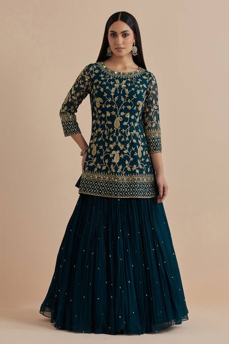 Buy_Ikshita Choudhary_Blue Net, Georgette Sequins, Zari Floral And Paisley Embroidered Kurta Lehenga Set _Online_at_Aza_Fashions