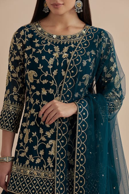 Ikshita Choudhary_Blue Net, Georgette Sequins, Zari Floral And Paisley Embroidered Kurta Lehenga Set _at_Aza_Fashions