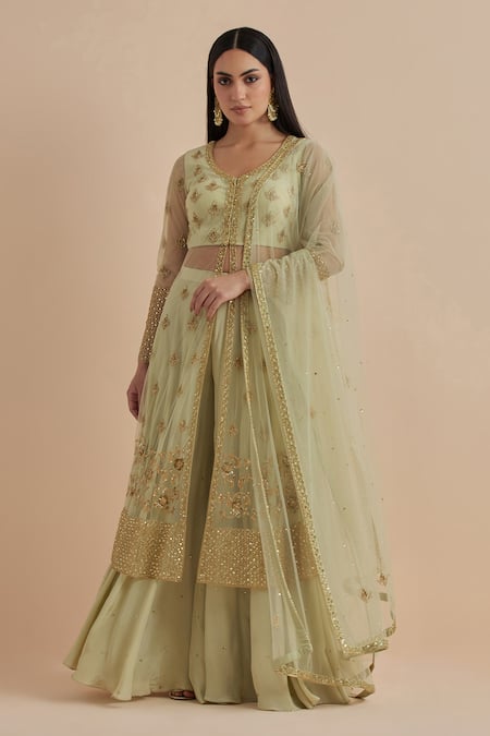 Ikshita Choudhary Green Net, Crepe Sequins, Cut Work Leaf Hand Embroidered Kurta Flared Pant Set